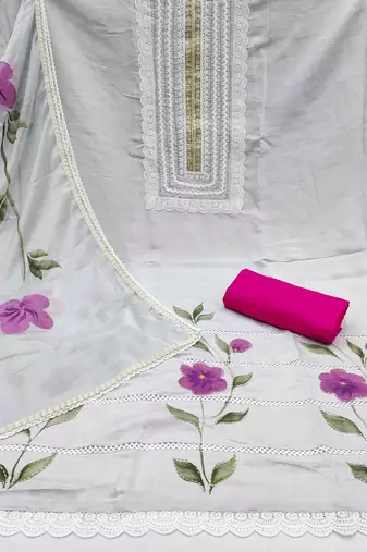 Grey cotton silk print handwork unstitched dressaterial