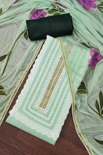 Sea green cotton silk print handwork unstitched dressaterial