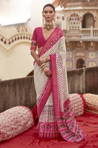 White silk blend printed saree with unstitched blouse