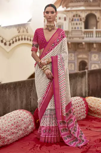 White silk blend printed saree with unstitched blouse