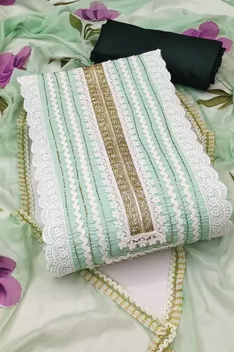 Sea green cotton silk print handwork unstitched dressaterial
