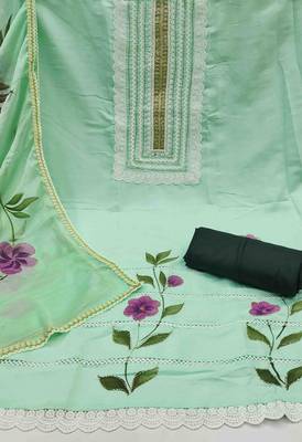 Sea green cotton silk print handwork unstitched dressaterial 3