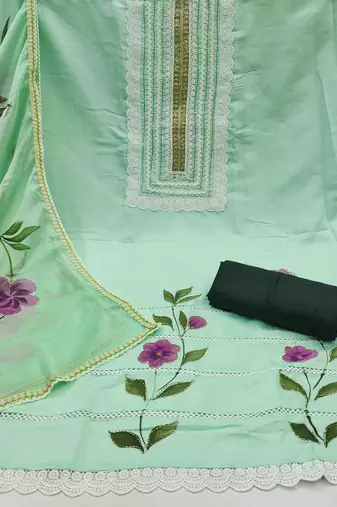 Sea green cotton silk print handwork unstitched dressaterial