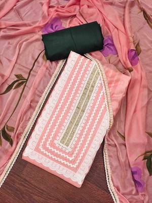 Peach cotton silk print handwork unstitched dressaterial 1