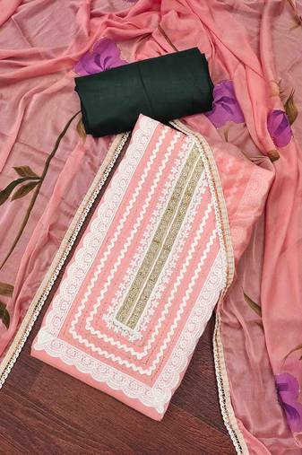Peach cotton silk print handwork unstitched dressaterial