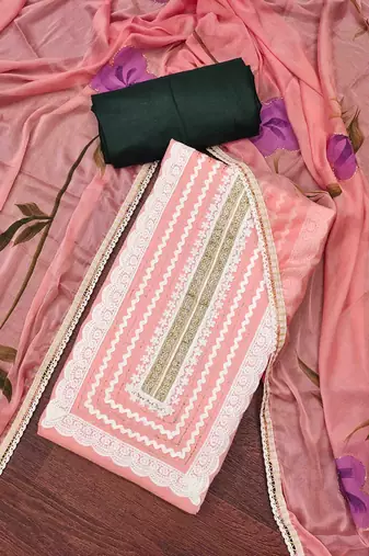 Peach cotton silk print handwork unstitched dressaterial