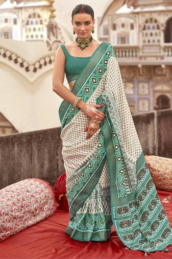 White silk blend printed saree with unstitched blouse