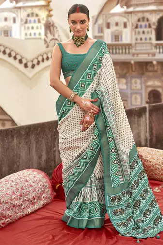 White silk blend printed saree with unstitched blouse