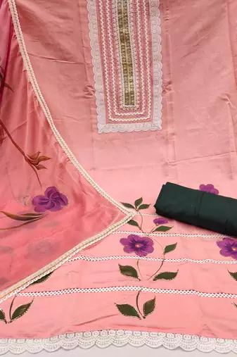 Peach cotton silk print handwork unstitched dressaterial