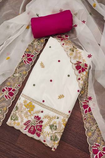 Cream viscose organza embroidered unstitched dressaterial