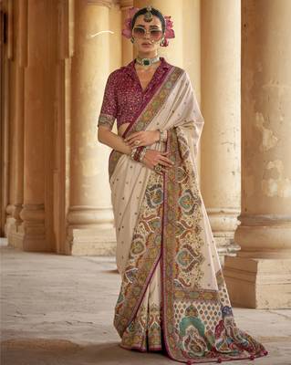 Off-white silk blend printed saree with unstitched blouse 1