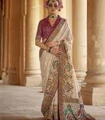 Off-white silk blend printed saree with unstitched blouse