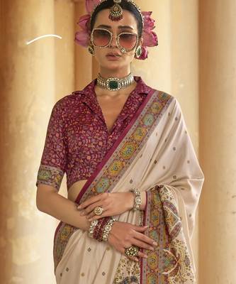 Off-white silk blend printed saree with unstitched blouse 4