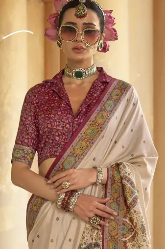 Off-white silk blend printed saree with unstitched blouse