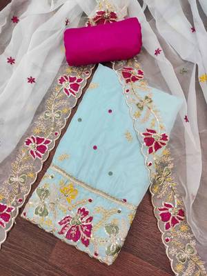 Sky blue viscose organza embroidered unstitched dressaterial 1