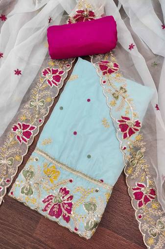Sky blue viscose organza embroidered unstitched dressaterial