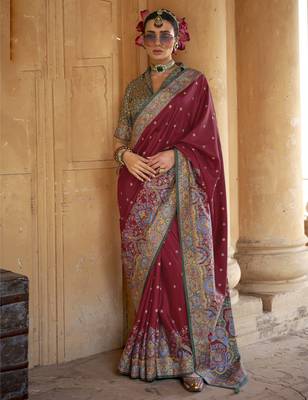 Maroon silk blend printed saree with unstitched blouse 1