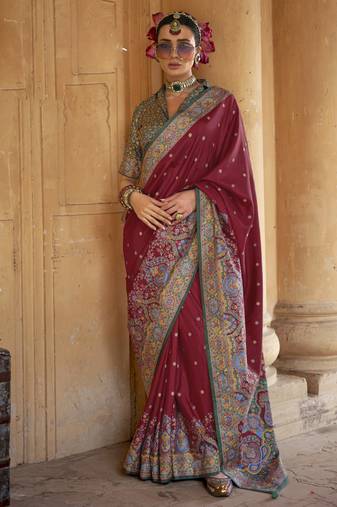 Maroon silk blend printed saree with unstitched blouse