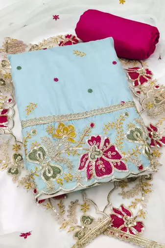 Sky blue viscose organza embroidered unstitched dressaterial