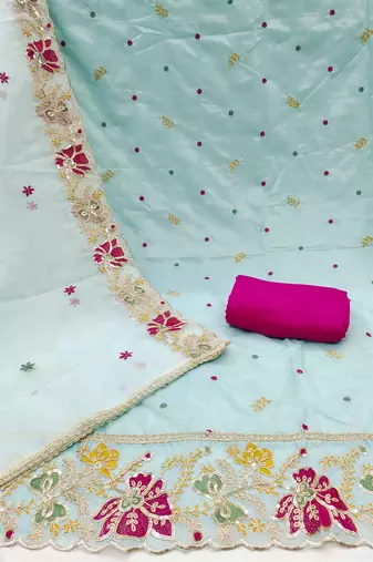 Sky blue viscose organza embroidered unstitched dressaterial