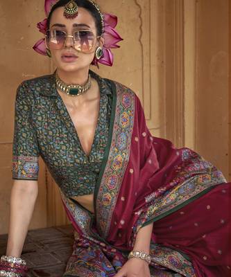 Maroon silk blend printed saree with unstitched blouse 2