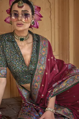 Maroon silk blend printed saree with unstitched blouse