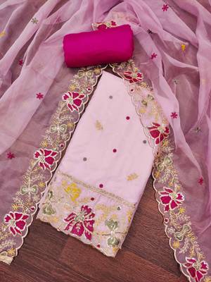 Pink viscose organza embroidered unstitched dressaterial 1