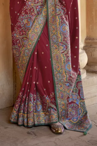 Maroon silk blend printed saree with unstitched blouse