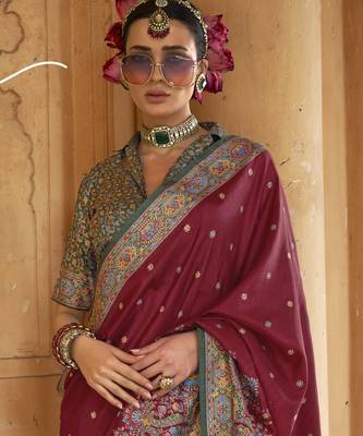 Maroon silk blend printed saree with unstitched blouse 4