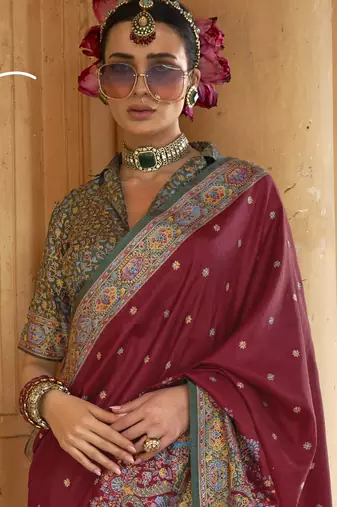 Maroon silk blend printed saree with unstitched blouse