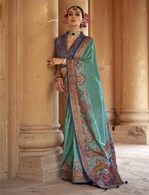 Turquoise silk blend printed saree with unstitched blouse 1