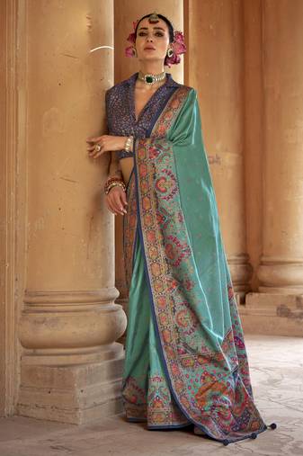 Turquoise silk blend printed saree with unstitched blouse