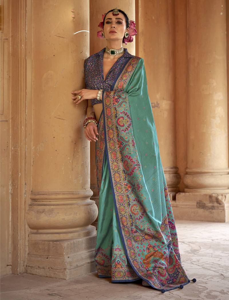 Turquoise silk blend printed saree with unstitched blouse