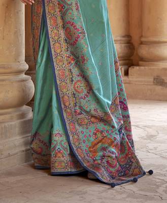 Turquoise silk blend printed saree with unstitched blouse 3