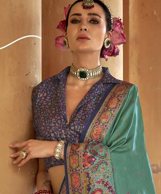 Turquoise silk blend printed saree with unstitched blouse 4