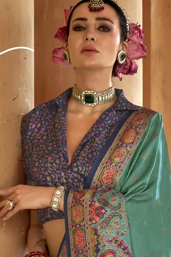 Turquoise silk blend printed saree with unstitched blouse
