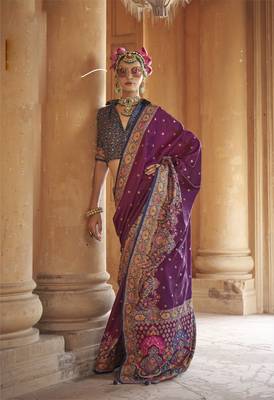 Purple silk blend printed saree with unstitched blouse 1