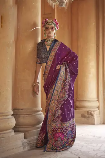 Purple silk blend printed saree with unstitched blouse piece