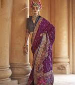 Purple silk blend printed saree with unstitched blouse