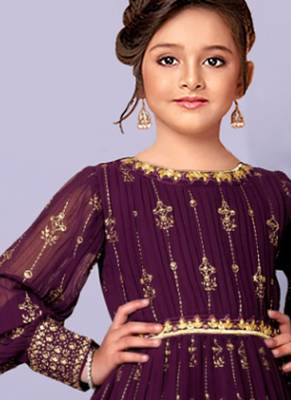 Wine Foil Print Ebroidery Kids PartyWear Gown Dress 1