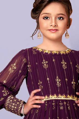 Wine Foil Print Ebroidery Kids PartyWear Gown Dress