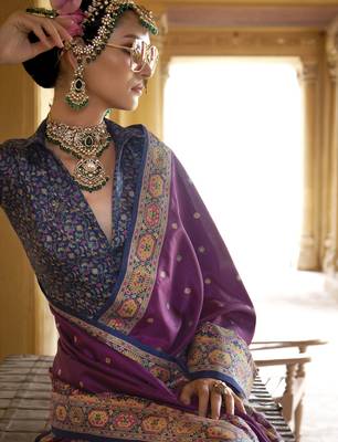 Purple silk blend printed saree with unstitched blouse 2
