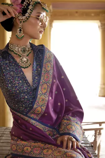 Purple silk blend printed saree with unstitched blouse