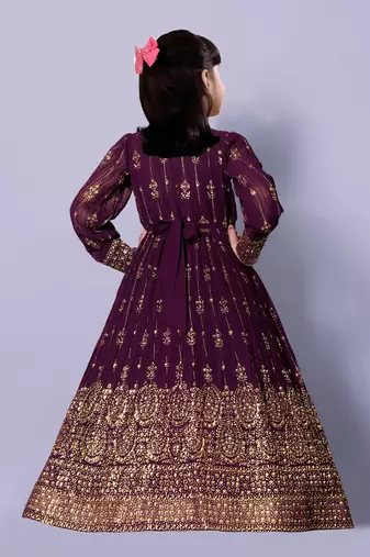 Wine Foil Print Ebroidery Kids PartyWear Gown Dress