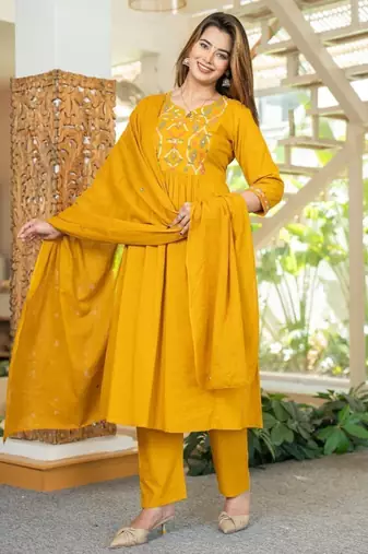 Cotton cambric a-line printed kurti pant dupatta set
