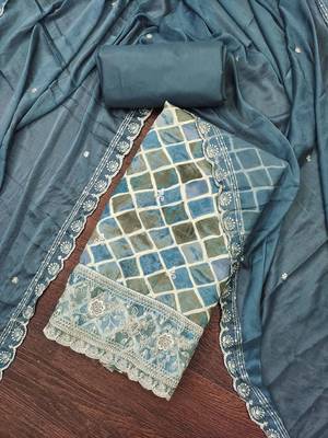 Teal cotton embroidered unstitched dressaterial 1