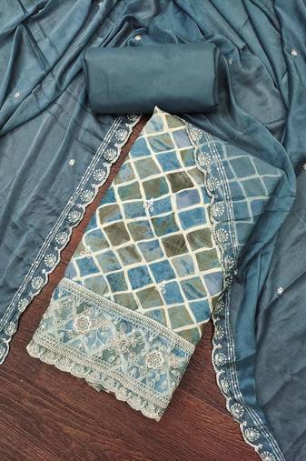 Teal cotton embroidered unstitched dressaterial
