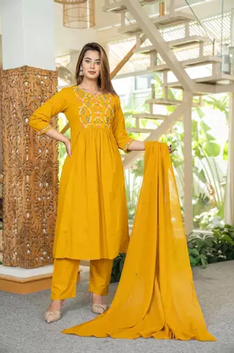 Cotton cambric a-line printed kurti pant dupatta set
