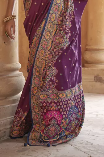Purple silk blend printed saree with unstitched blouse