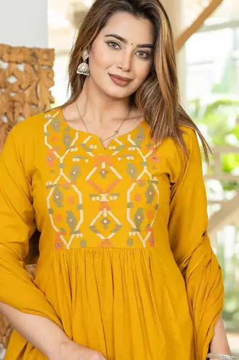 Cotton cambric a-line printed kurti pant dupatta set